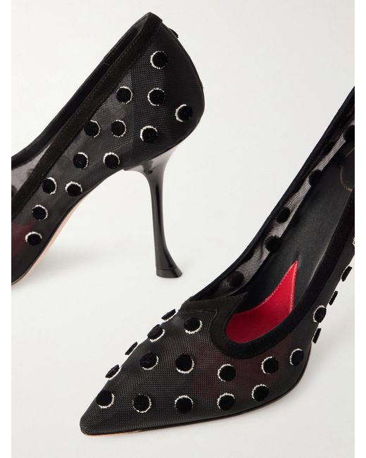 Roger Vivier Black I Love Vivier 100 Suede-Trimmed Flocked Mesh Pumps