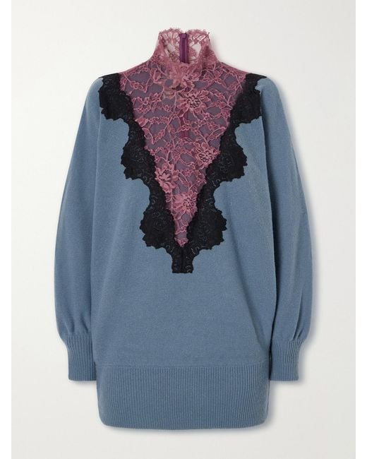 Valentino Garavani Blue Lace-Trimmed Wool Sweater