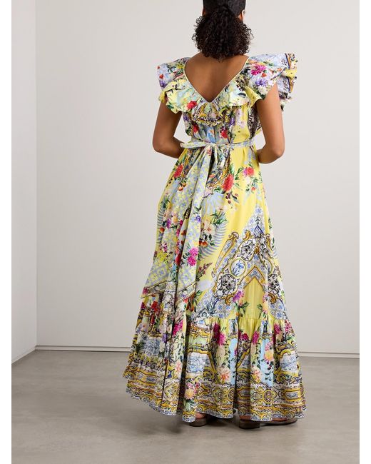 Camilla White Embellished Belted Ruffled Printed Organic Cotton-Poplin Maxi Dress
