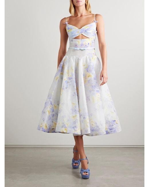 Zimmermann White Crush Belted Twist-Front Embellished Floral-Print Linen And Silk-Blend Organza Midi Dress
