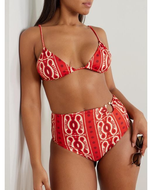 Johanna Ortiz Red Konibo Embellished Printed Triangle Bikini Top