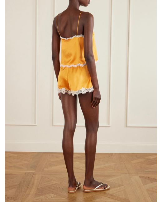 Doen Yellow Loure Lace-Trimmed Silk-Satin Top