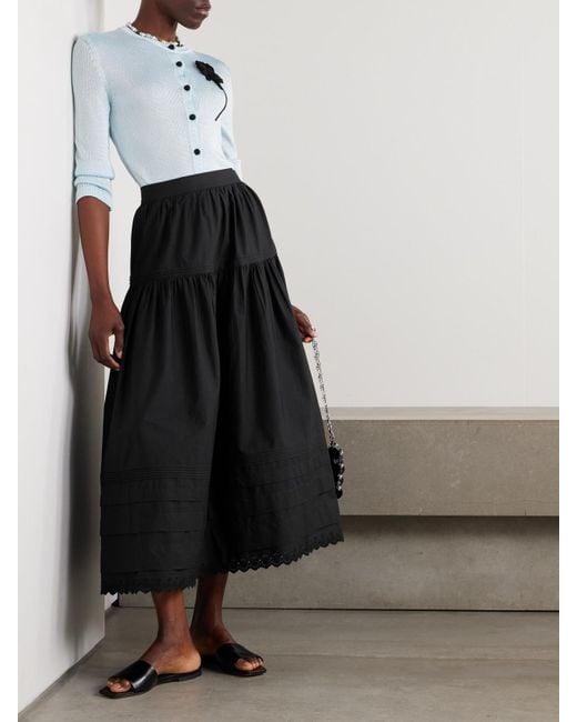 Doen Black Sebastiane Crochet-Trimmed Organic Cotton-Poplin Midi Skirt