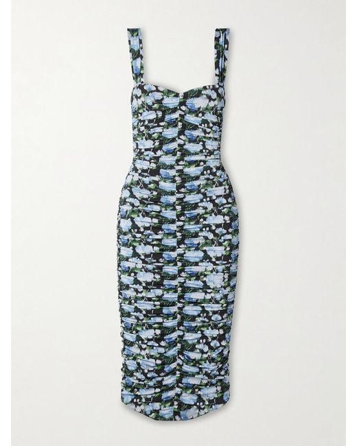Carolina Herrera Blue Ruched Floral-Print Stretch-Jersey Midi Dress