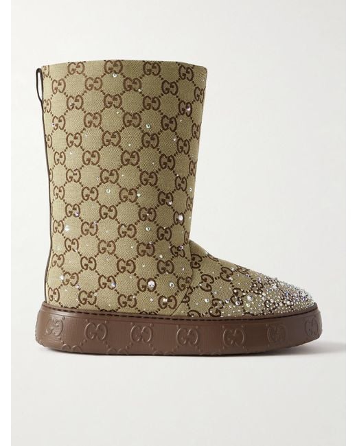 Gucci Brown Crystal-Embellished Canvas-Jacquard Boots