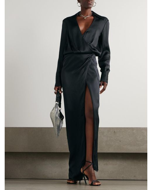 The Attico Black Satin Maxi Wrap Dress
