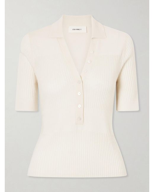 Lisa Yang Natural Malie Ribbed-Knit Cashmere Polo Sweater