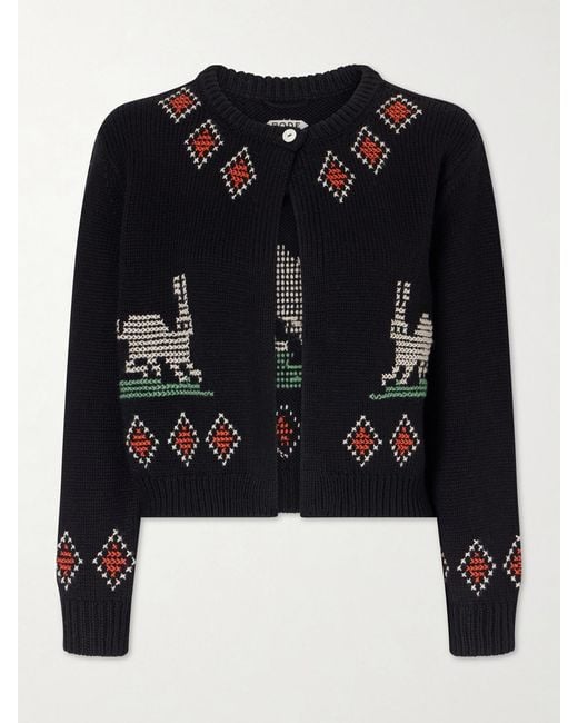 Bode Black Bunny Jacquard-Knit Wool Cardigan