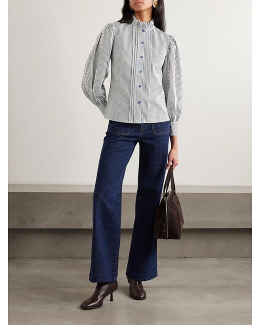 Loretta Caponi Gray Anastasia Lace-Trimmed Striped Cotton-Blend Blouse