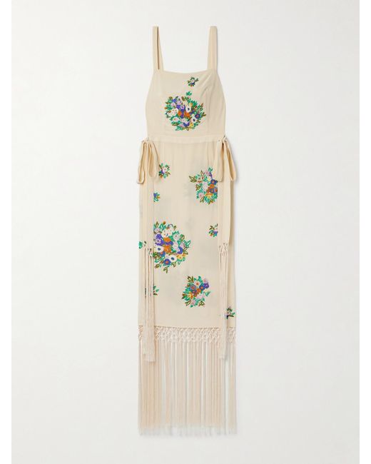 Bode Natural Fringed Embroidered Silk Crepe De Chine Midi Dress