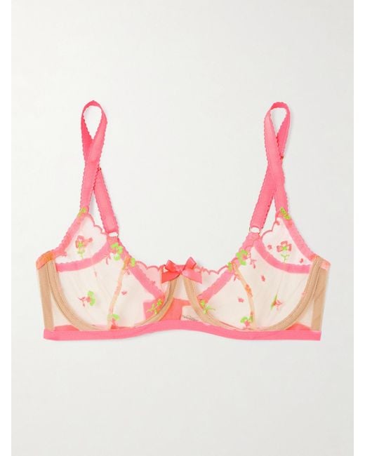 Agent Provocateur Pink Willowe Bow-Detail Embroidered Satin-Trimmed Tulle Underwired Bra