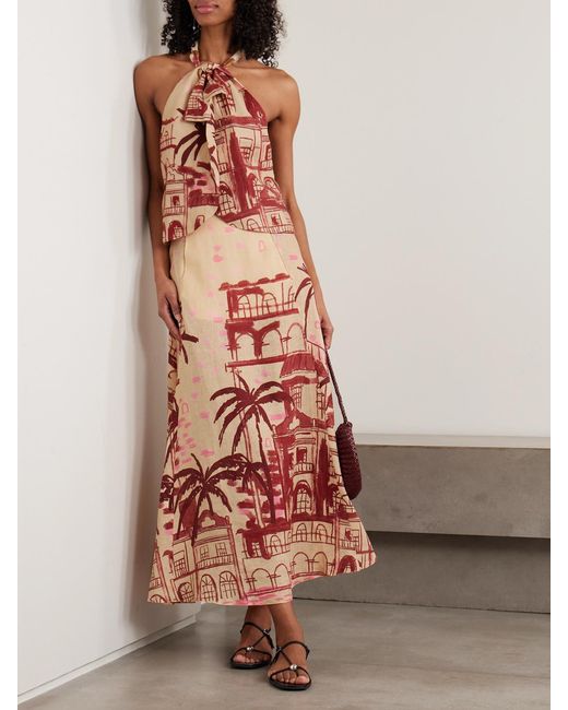 Johanna Ortiz Red Steps Of Joy Printed Linen Midi Skirt