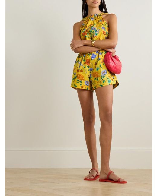 Cara Cara Yellow Colomba Tie-Detailed Floral-Print Cotton-Poplin Playsuit
