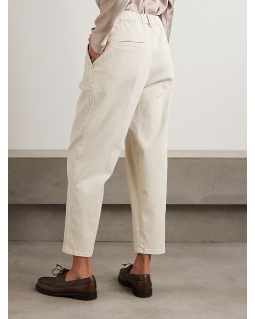 Brunello Cucinelli Natural Cropped Pleated Stretch-Cotton Twill Tapered Pants