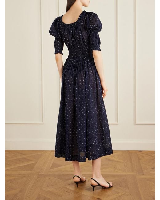 Doen Blue Ischia Shirred Polka-Dot Organic Cotton-Voile Midi Dress