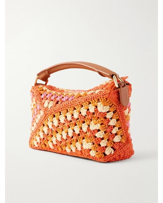 Loewe Orange Paula's Ibiza Puzzle Edge Mini Leather-Trimmed Crocheted Raffia Shoulder Bag