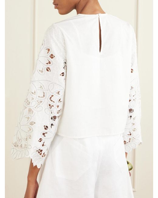 Farm Rio White Flowers Embroidered Cotton-Blend Blouse