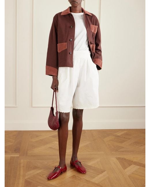 Bode White Closerie Belted Scalloped Embroidered Cotton-Poplin Shorts