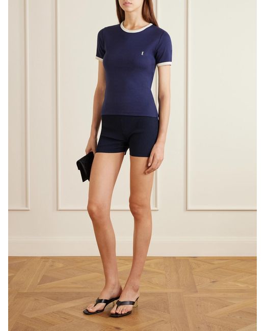 Saint Laurent Blue Cassandre-Embroidered Cotton-Jersey T-Shirt