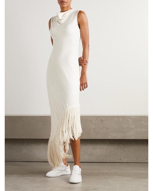 Gabriela Hearst White Awar Fringed Silk-Bouclé Maxi Dress