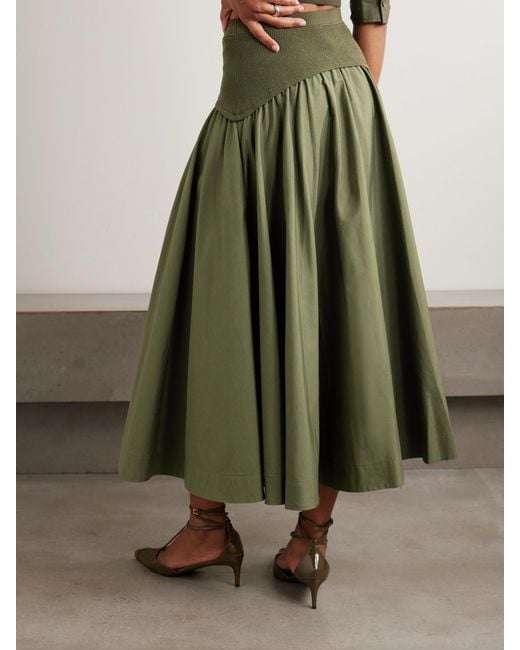 Jonathan Simkhai Green Ovie Pleated Ribbed-Knit Trimmed Cotton-Poplin Midi Skirt