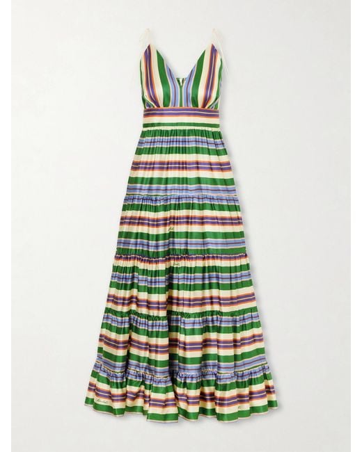 Christiano Marchelli Green Allegra Tiered Striped Silk-Blend Maxi Dress