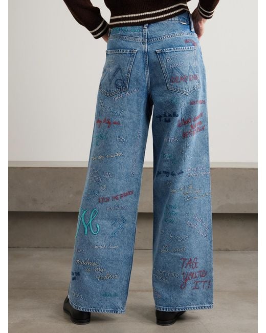 Mother Blue Double Dip Nerdy Embroidered Mid-Rise Wide-Leg Jeans