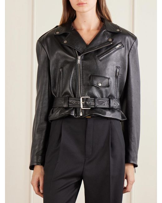 Saint Laurent Black Glossed Textured-Leather Biker Jacket