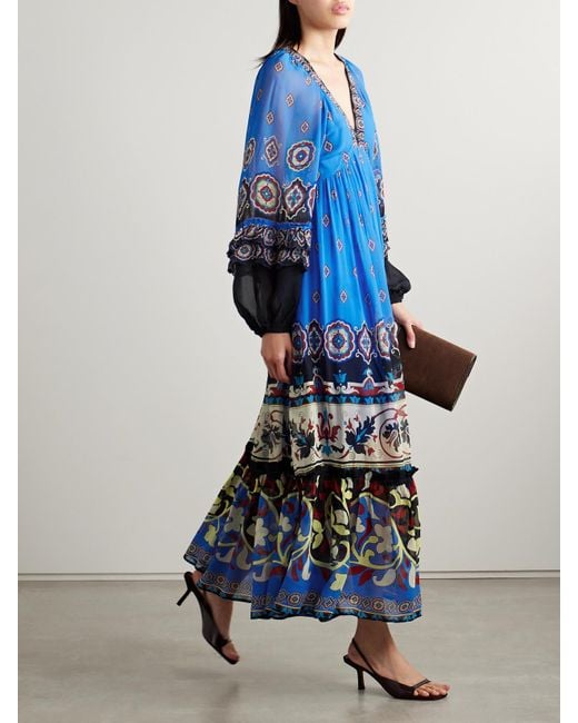 Farm Rio Blue Ainika Maxikleid Aus Bedrucktem Georgette Mit Raffungen