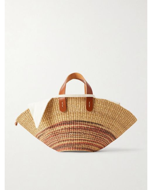 Muuñ Natural Pacha Striped Leather-Trimmed Raffia Tote