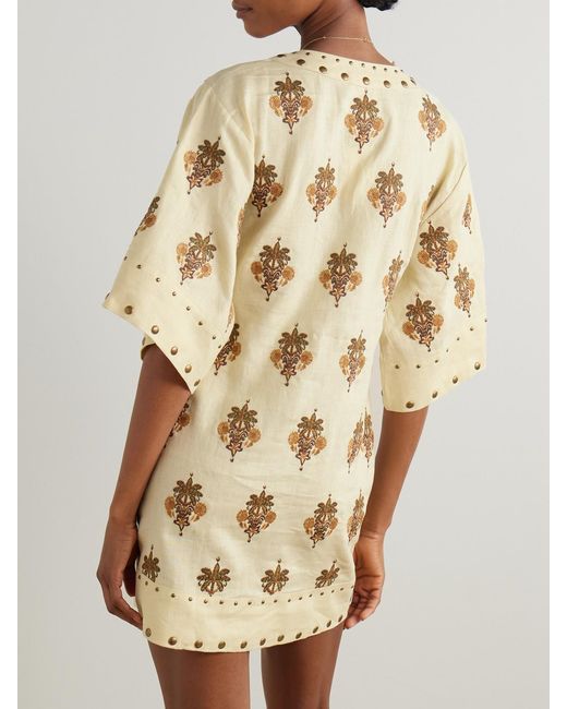Farm Rio Natural Studded Embroidered Linen Mini Dress