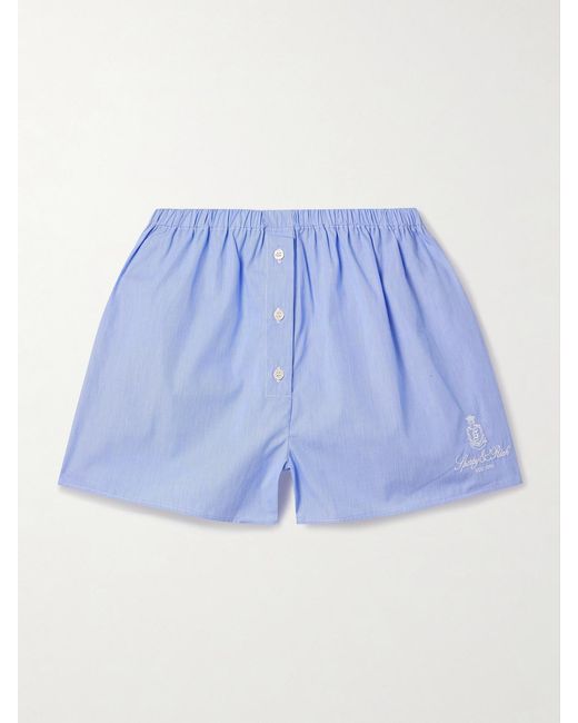Sporty & Rich Blue Vendome Embroidered Pinstriped Cotton-Poplin Shorts