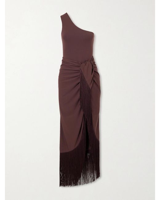 Taller Marmo Purple Rhodes One-Shoulder Swimsuit And Fringed Pareo Set
