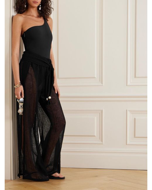 Lisa Marie Fernandez Black Embellished Belted Crinkled Linen-Blend Gauze Wide-Leg Pants
