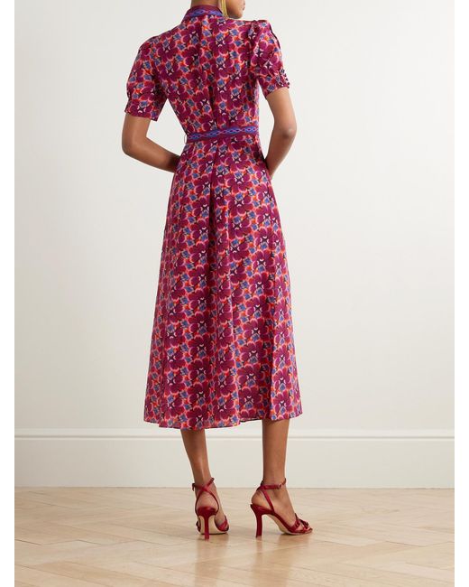Saloni Purple Vanessa-D Belted Printed Silk Midi Shirt Dress