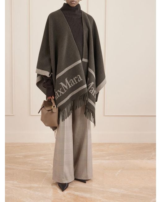 Max Mara Gray Fringed Wool-Jacquard Cape