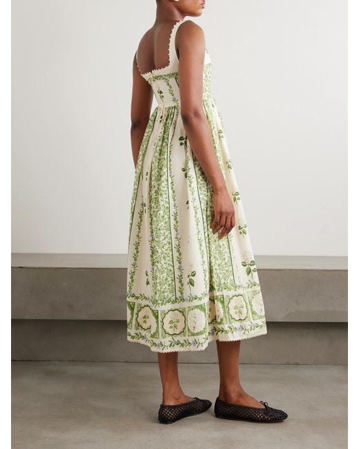 Agua Bendita White Barbara Midikleid Aus Leinen Mit Blumenprint, Zierperlen Und Falten