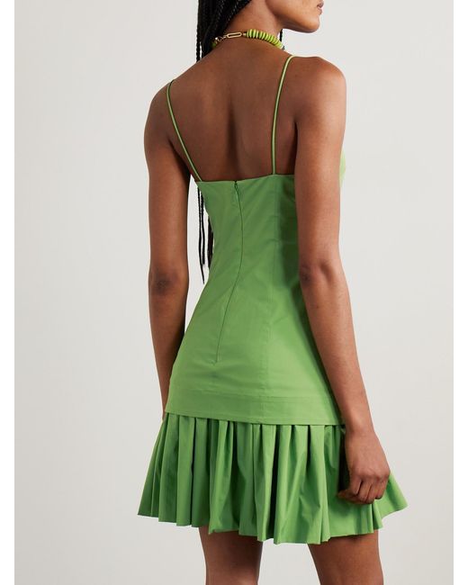 Staud Green Ari Gathered Cotton-Blend Poplin Mini Dress