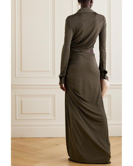 Bottega Veneta Brown Embellished Cutout Ruched Stretch-Jersey Maxi Dress