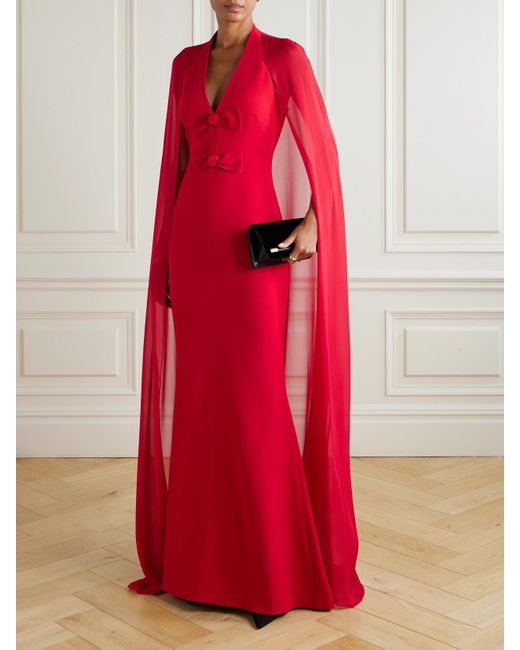 Elie Saab Red Cape-Effect Bow-Embellished Crepe Gown
