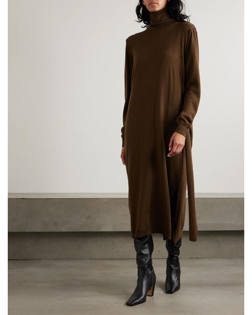 Lemaire Brown Belted Wool-Blend Turtleneck Midi Dress