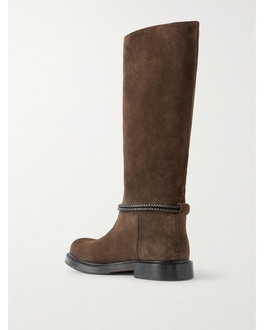 Bottega Veneta Brown James Intrecciato Leather-Trimmed Suede Knee Boots