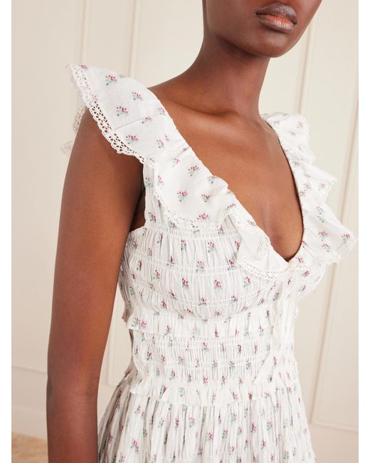 Doen White Sorina Tiered Embroidered Floral-Print Organic Cotton Midi Dress