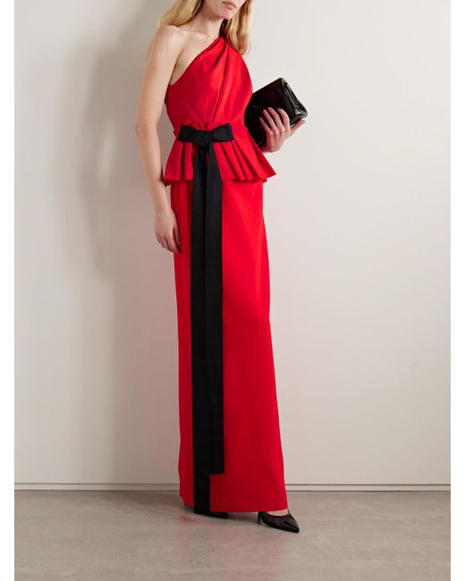 Carolina Herrera One-Shoulder Grosgrain-Trimmed Gathered Crepe Gown