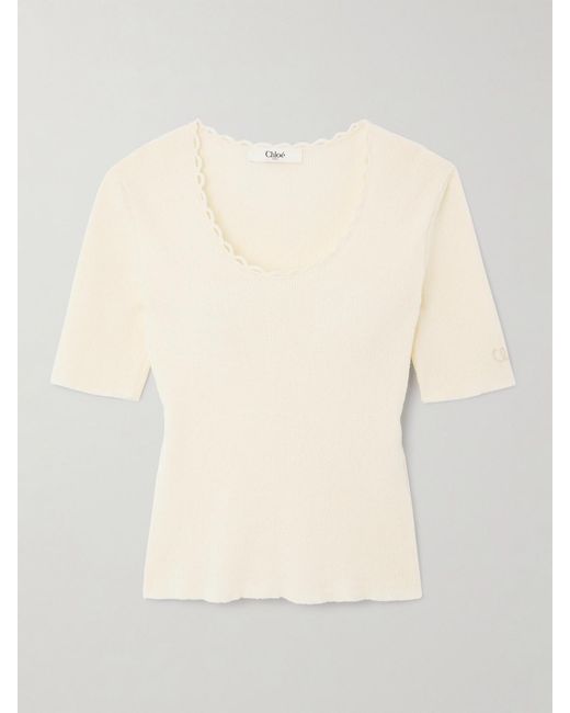 Chloé Natural Picot-Trimmed Ribbed Cotton-Blend Bouclé T-Shirt