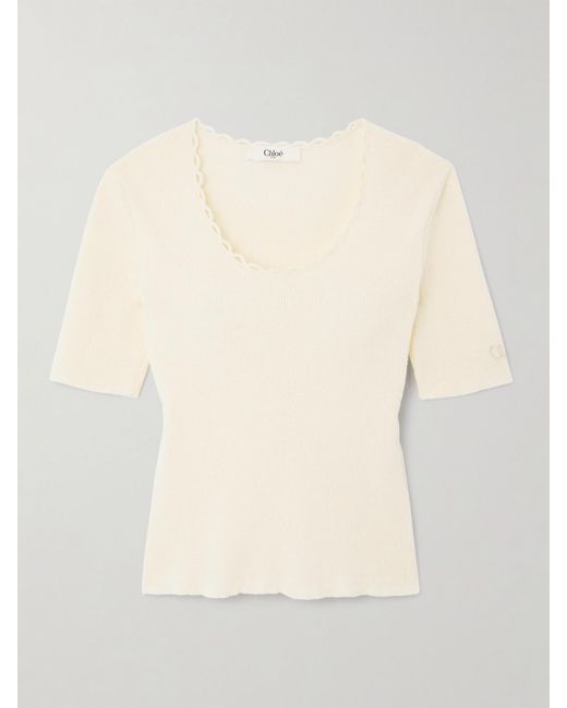 Chloé Natural T-Shirt Aus Geripptem Bouclé Aus Einer Baumwollmischung Mit Picot-Besatz