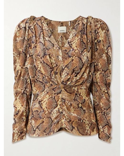 Isabel Marant Brown Marlin Ruched Snake-Print Silk-Blend Devoré Blouse