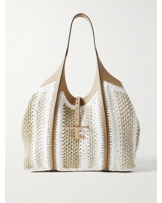 Tod's Natural Tsb Schultertasche Aus Gehäkeltem Raffiabast Mit Lederbesätzen