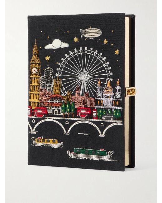 Olympia Le-Tan Black Nina Darzi Voyages London Skyline Embroidered Appliquéd Canvas Clutch
