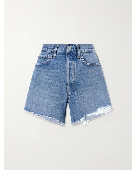 Agolde Blue Parker Long Distressed Denim Shorts